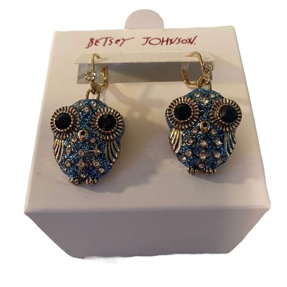 Betsey Johnson Sparkly Blue Pave Crystal & Antiqued Gold Toned Owl Leverbacks - Picture 1 of 8